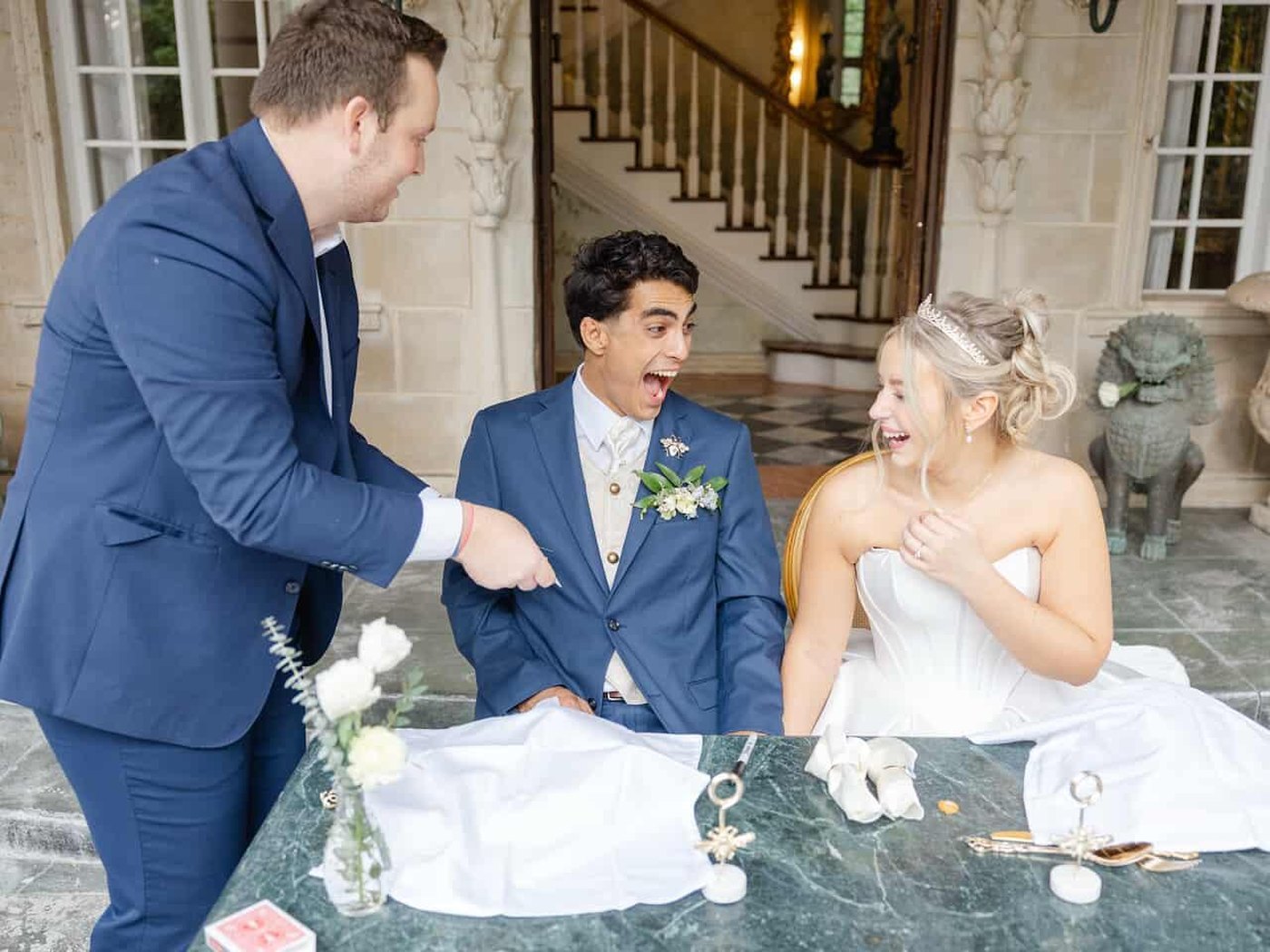 Newlyweds laughing during close-up magic moments after the ceremony